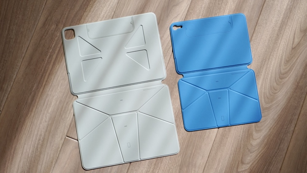 MOFTダイナミックフォリオの11インチiPad Airモデル (ミストブルー × ミスティグレー) とiPad miniモデル (ストーングレー × サファイアブルー) の内側面